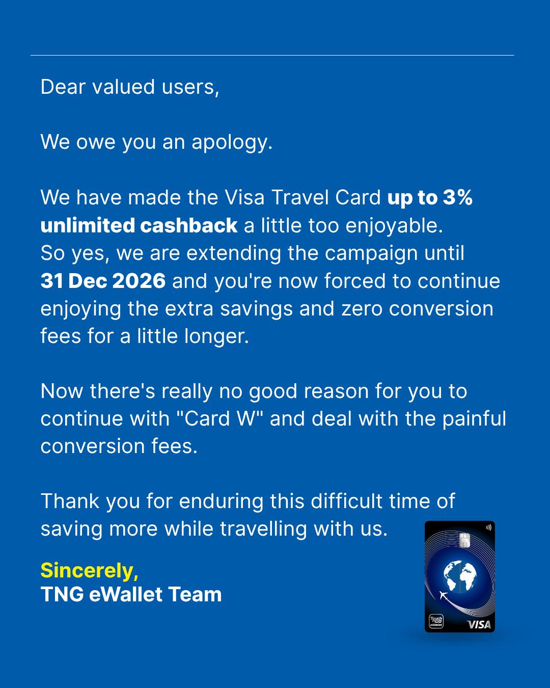 好消息！TNG Visa Travel Card 3% 现金回扣优惠延长至 2026 年 12 月 31 日