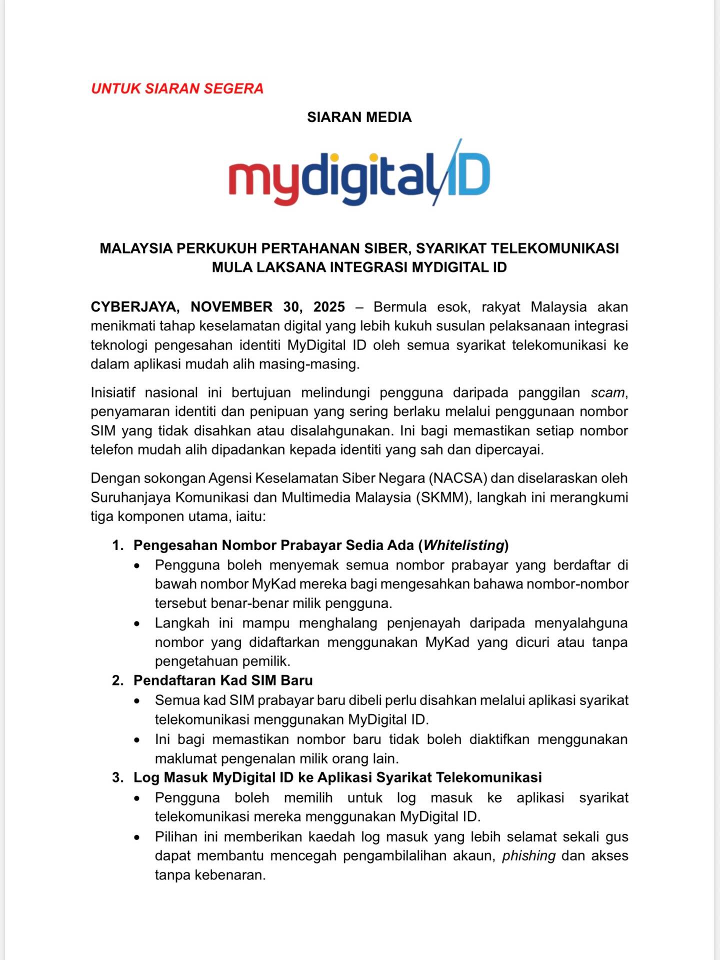 12 月 1 日起所有新注册的 SIM 卡都需要通过 MyDigital ID 来验证身份！